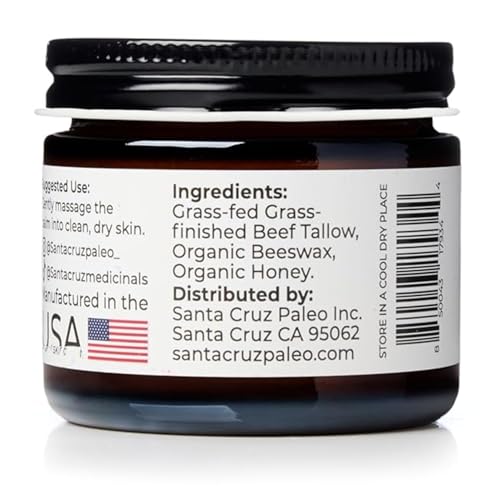 Santa Cruz Paleo, Beef Tallow, Beeswax & Honey Face Moisturizer, Organic, Unscented Grassfed Beef Tallow Skin Care, Sunscreen Free, Non Comedogenic Face & Body Moisturizer for Sensitive Skin, 2 Oz
