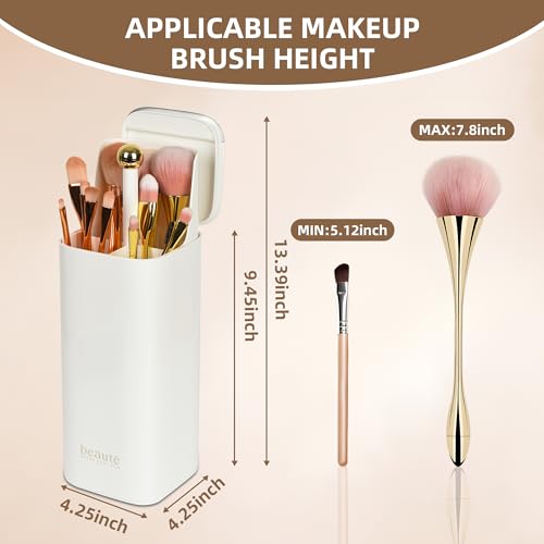 Makeup Brush Holder with Lid, Automatic Lifting Waterproof Dustproof Makeup Brushes Organizer for Vanity Desktop Bathroom Countertop(White)