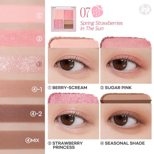 Peripera Ink Pocket Shadow Palette, Eyeshadow Quads, Creamy Formula, Blendable Matte & Shimmer Shades, Easy to Apply (007 SPRING STRAWBERRIES IN THE SUN, One Size)