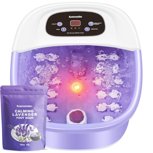 Foot Spa Massager with Heat, Bubbles & Vibration, 22 Rollers, Red Light, Adjustable Temp - Includes Lavender Epsom Salt - Purple
