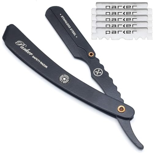 Parker SRXBLK Professional Stainless Steel Clip?Style Barber Razor ? Heavy?Duty Black Finish with 5 Refill Blades, Ergonomic Weight for Barbers & Straight Razor Shaving Enthusiasts