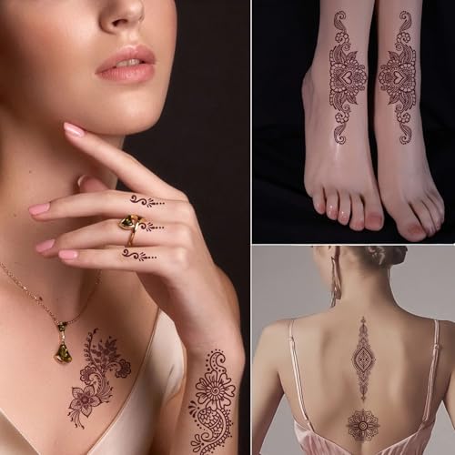 12 Sheets Brown Henna Tattoo Kit, Waterproof Tattoo Stickers for Women Wedding Party Body Art Stickers