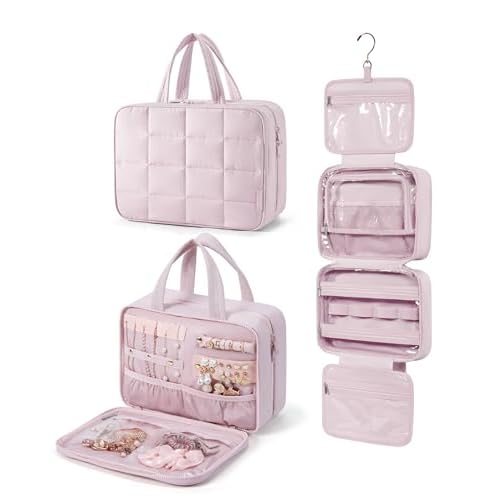 BAGSMART Travel Toiletry Bag with Jewelry Organizer, Hanging Travel Bag for Toiletries, Puffy Makeup Cosmetic Bag Organizer, Carry-on Travel Accessories Essentials, Pink-L