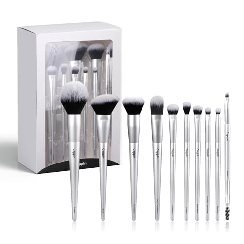 Professional Makeup Brushes 10Pcs, Premium Synthetic Make Up Brush Set, Powder Foundation Contour Blush Concealer Eye Shadow Blending Liner Makeup Brush Kit (Silver)