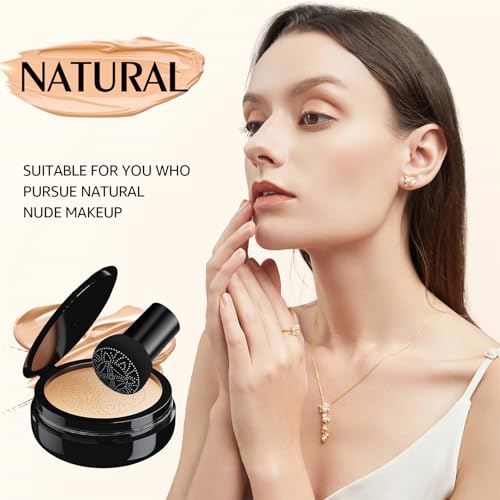 Mushroom Head Air Cushion CC Cream - New Upgraded BB Cream Face Makeup Foundation for Mature Skin Moisturizing Concealer Brighten Long-Lasting, Gold Packaging (Natural, 3.21 Ounce (Pack of 1))