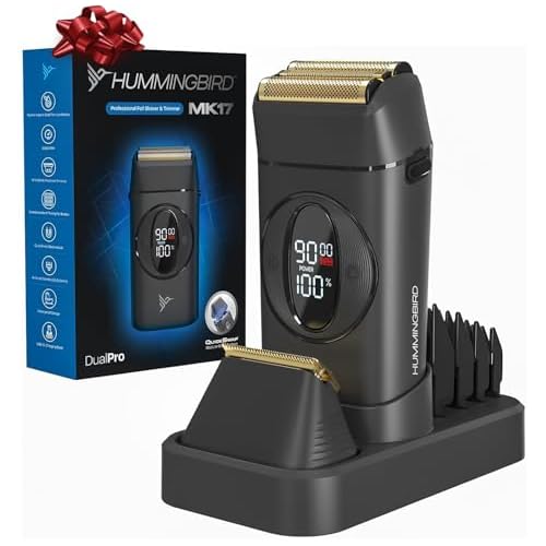 HUMMINGBIRD MK17 DualPro Foil Shaver & Beard Trimmer for Men ? Gold Titanium Blades, Digital Display, Wet/Dry, USB-C & Wireless Charging Dock with One Additional Foil Replacement Blade