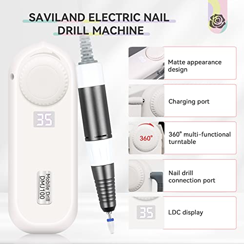 Saviland Professional Nail Drill: Rechargeable Nail D rill Machine 35000PRM Electric Nail Flie for Acrylic/Gel Nails Removal Manicure Pedicure Portable Nail Drill Kit for Salon Home DIY