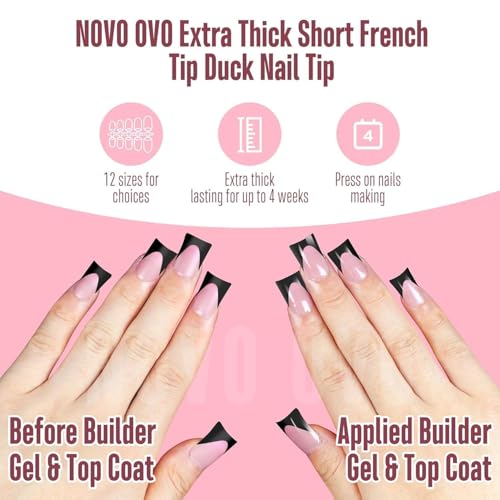 NOVO OVO Halloween Black French Tip Short Duck Nail Tips Press on, BERRY PINK Pre-designed Soft Gel Nail Extension, Extra thick Full Cover Matte Vrial False Nails for Salon DIY x 12 Sizes 240 pcs
