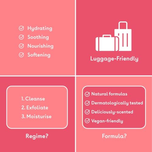 Q+A Travel Trio Body Care Giftset, containing a Hyaluronic Acid Body Wash, AHA Exfoliator Body Scrub, and a Ceramide Body Lotion, each item 50ml