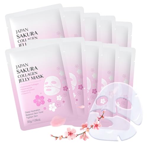 Collagen Face Mask Sheet, 10Pcs Sakura Deep Collagen Anti Wrinkle Lifting Mask, Deep Moisture, Shirnk Pore, Improves Rough Skin, Overnight Hydrogel Collagen Mask Reduce Fine Line, Firm Skin