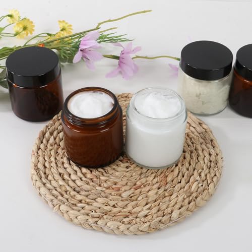 4 oz Amber Round Glass Jars with Black Lids 24 Pack- Portable Empty Glass Containers with Inner Liners for Cosmetic, Food Storage, Body Butters, Body Butter, Candle Jars