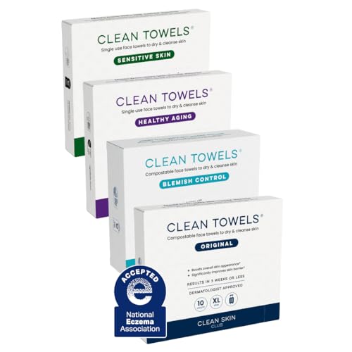 Clean Skin Club Clean Towels¢ç XL Variety 4-Pack Travel Set, Disposable Face Towels, Includes Original, Sensitive, Blemish Control & Healthy Aging, 40 Count Total, 10 Each