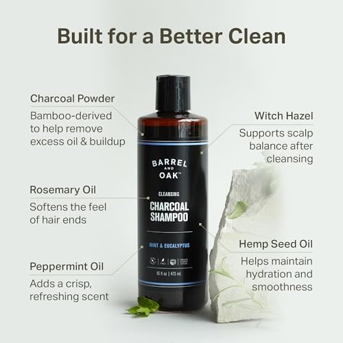 Barrel & Oak Mint & Eucalyptus Charcoal Shampoo for Men, Cleansing Men¡¯s Shampoo with Botanical Extracts & Essential Oils, Scalp Care, Vegan Hair Care Essentials, 16 oz