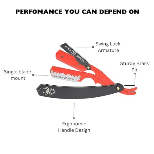 Black Widow Professional Barber Straight Edge Razor ? Stainless Steel Shavette, 1.5 mm Blade Exposure, Matte Black & Red, 10 Double Edge Blades (20 Single-Edge) for Lineups & Beard Shaping