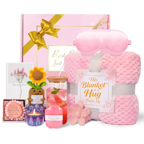 Birthday Gifts for Women Spa Care Package, Get Well Soon Gift Baskets Thinking of You Sympathy Gift, Self Care basket w/ Luxury Flannel Blanket 16 Oz Glass Mother Day Gifts for Her Sister Wift Friend