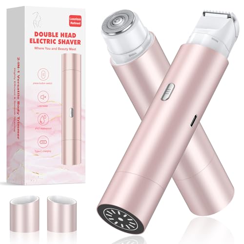 Bikini Trimmer for Women, Dual Head Face Shaver Body Hair Trimmmer, IPX7 Waterproof Womens Electric Razor for Legs, Rose Gold