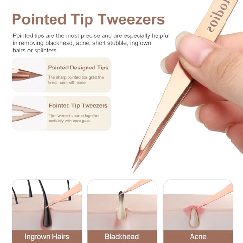2-Pack Precision Tweezers for Eyebrows, Facial Hair, Ingrown Hair Removal, Professional Stainless Steel Eyebrow Tweezers for Women and Men, Tweezer Set with PU Travel Case