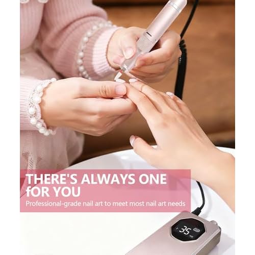 Professional Nail Drill High Torque 35000 RPM Rechargeable Portable Electric Nail File Filer for Acrylic Gel with Cuticle Bits, Salon Manicure Tool, Rose Gold