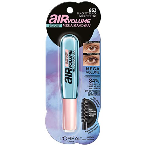 L'Oreal Paris Makeup Air Volume Mega Mascara, Lightweight & Long-lasting Volumizing Mascara for Voluminous Eyelashes, Waterproof Blackest Black, 0.3 Fl Oz