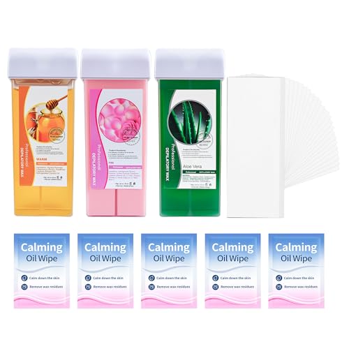 Beauty7 Roll On Wax, Body Hair Removal, Wax Roller Kit, 3 Packs Waxing Cartridge Depilatory Honey Refill, Underarm Leg Waxing for Women and Men, 5 Calming Oil Wipes, 50pcs Paper Strips