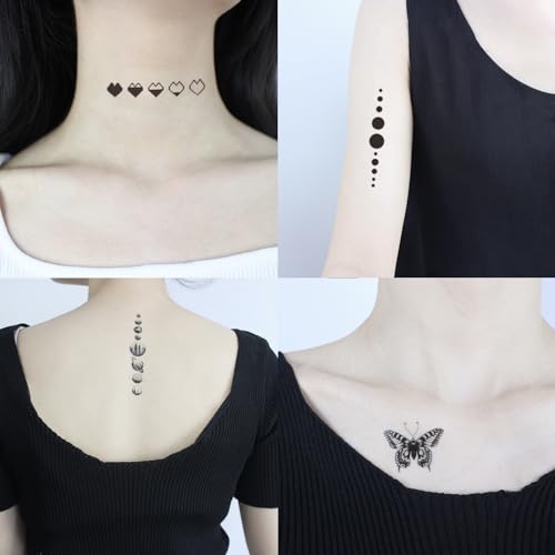 28 Sheets 100+ pcs Minimalism Line Art Small Black Temporary Tattoo, Heart Arrow Butterfly Cross Feather Key Suit for Finger Hand Neck Face
