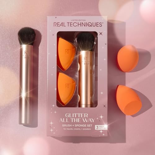 Real Techniques Glitter All The Way Brush + Sponge 3 Piece Holiday Gift Set, Makeup Sponges & Makeup Brush For Liquid & Cream Foundation, Contour, & Blush, Stocking Stuffer, Limited Edition