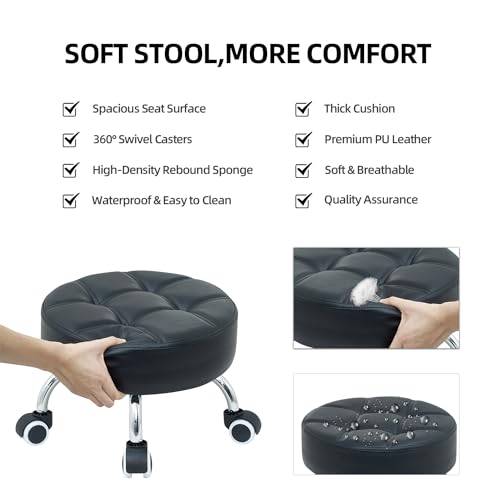 Low Height Rolling Stool with Wheels - Heavy Duty 360¡Æ Swivel Low Stool Chair with Thickened Cushion Round Roller Seat Stools for Garage Shop Kitchen Home Office Salon Pedicure (Black)