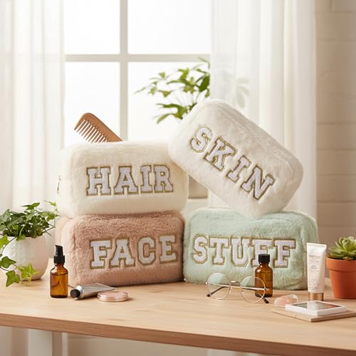 Paterr 4 Pieces Preppy Makeup Bag Chenille Letter Faux Fur Fluffy Bag Preppy Stuff Face Skin Hair Stuff Cute Toiletry Cosmetic Travel Bags Pouch with Zipper for Girls Women(Light Colors)