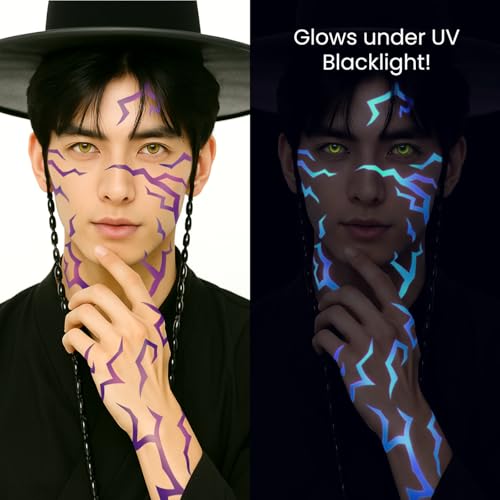 UV Glow Pattern Temporary Tattoos | Purple Demon Energy Pattern | Blacklight Activated Neon Blue | Hunter Cosplay | Fake Tat Stickers | Kpop Birthday, Glow Party, RPD, Halloween
