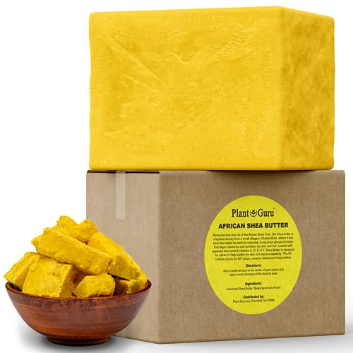Plant Guru Raw African Shea Butter 5 lbs. Bulk Block 100% Pure Natural Unrefined YELLOW - Ideal Moisturizer For Dry Skin, Body, Face And Hair Growth. Great For DIY Soap and Lip Balm Making.