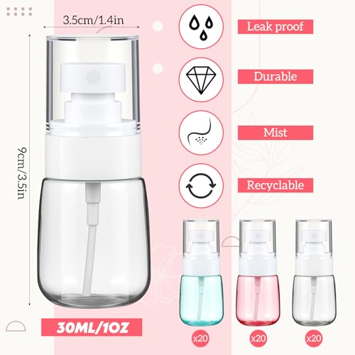 Hushee 60 Pcs 1oz/30ml Small Spray Bottle Bulk Mini Fine Mist Plastic Spray Bottle Tiny Empty Travel Refillable Clear Cosmetic Container for Cleaning Skincare Sample Perfume Skin Toner Essential Oils