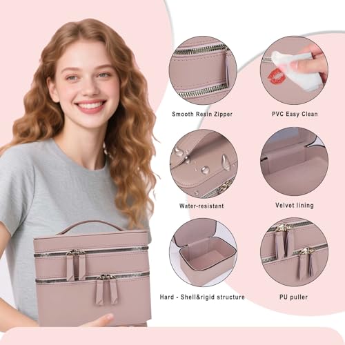 Hard Shell Double Layer Makeup Train Case with Mirror, Large Capacity Travel Cosmetic Organizer, Water-Resistant PU Leather Toiletry Bag for Women