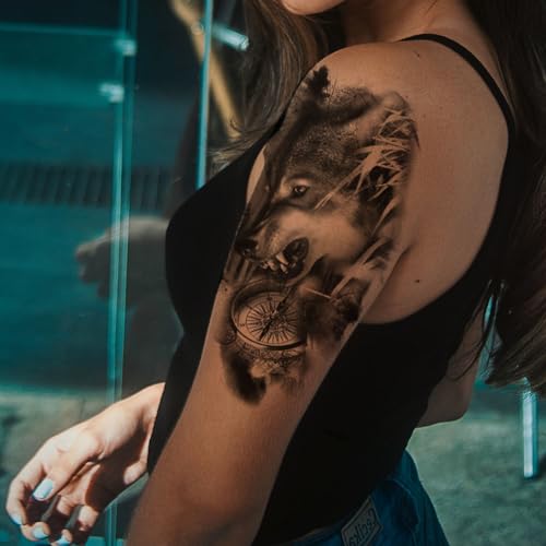 2 Sheets Realistic Animal Temporary Tattoos Stickers Forest Compass Wolf Designs For Men Waterproof Arm Leg Fake Body Art, Gym & Parties Bold Masculine Decals