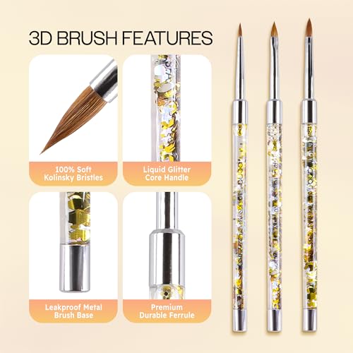 PANA 3D Kolinsky Nail Art Brush - Gold Glitter Handle, Size 4 - Acrylic Nail Art Sculpture Brush for Manicures Pedicure Salon Professional or Beginner