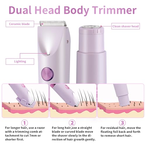 Bikini Trimmer for Women£¬Dual Head Women Shaver IPX6 Waterproof Cordless Pain Free Hair Removal with Safety Lock Trimmer for Smooth Skin Ideal for Bikini Area Body and Facial Hair (Purple)