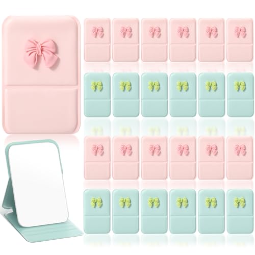Amyhill 24 Pcs Party Favor Compact Fold Mini Mirror Preppy Bow Gift for Women Birthday Bridal Shower Bachelorette Graduation Party Supplies (Folding,Pink and Green)