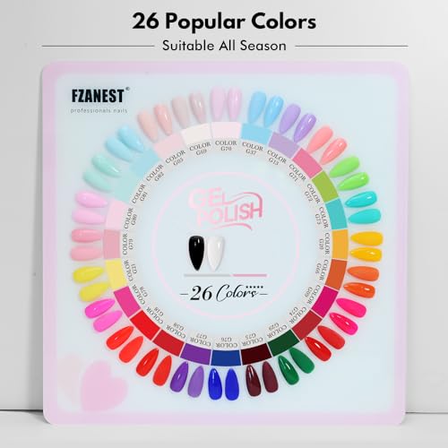 FZANEST 30pcs Gel Nail Polish Set, HEAM-free TPO-free Professional 10ml 26 Bright Spring Summer Candy Colors DIY Gel Nail Kit with Base Top Coat, Matte Top & Blooming ? Unique Pink Heart Shaped Bottle