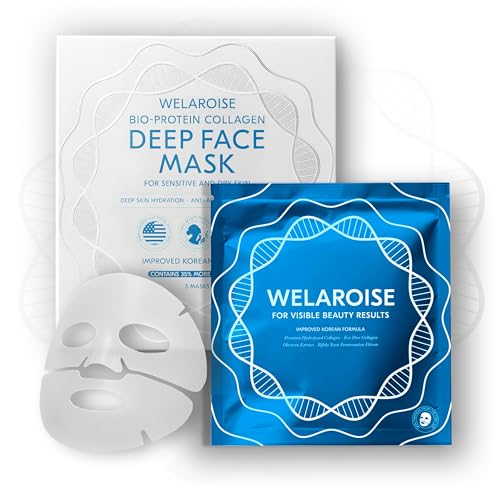 Welaroise Bio Protein Collagen Hydrogel Deep Face Mask +35% More Collagen, Intense Hydration & Moisturization, Firming, Anti-Aging, Skin Renewal, Korean Skincare (Pack of 5)