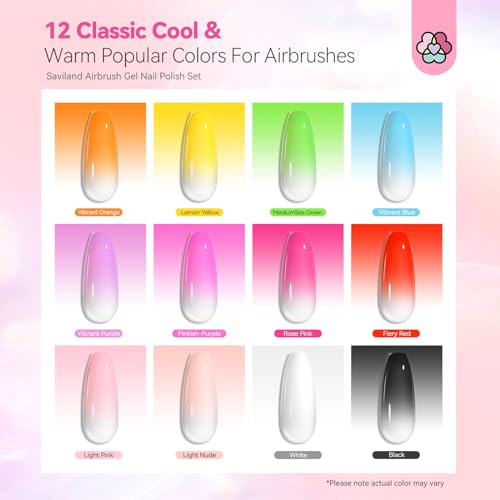 SAVILAND Airbrush Gel Nail Polish Set - New Formula12 Dilution-Free Vitality Colors, Non-Acetone Fine Mist for French & Ombre Nail Art, Home Salon Nail Set