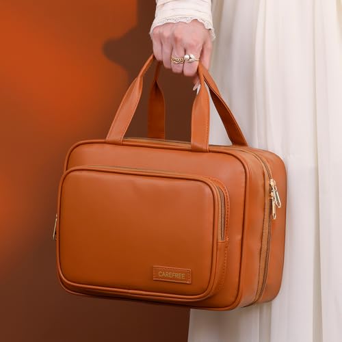 Waterproof Leather Toiletry Bag for Women, Hanging Travel Toiletry Bag with Hanging Hook, Large Travel Makeup Bag Cosmetic Organizer for Toiletries, Bathroom Shower, Makeup Accessories (Brown)