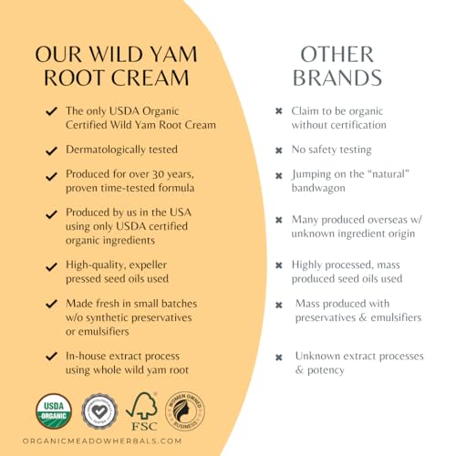 Organic Meadow Herbals Wild Yam Root Cream - USDA Certified Organic Balancing Cream for PMS & Menopause Relief - Estrogen & Progesterone-Free. Handmade by us. Woman-owned & Operated Since 1994 (2 oz)