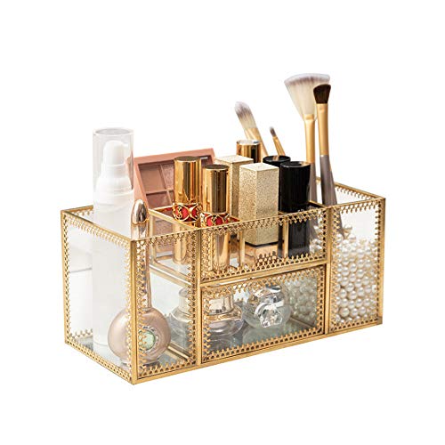 YUEHUA Makeup Brush Holder Organizer,Clear Glass Nail Polish Lipsticks Cosmetic Organizer for Vanity Bathroom Bedroom Office