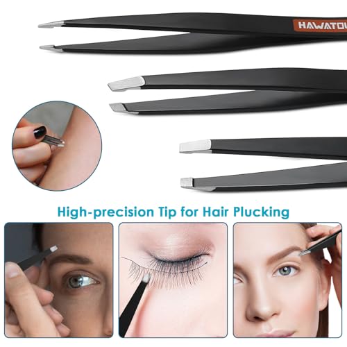 HAWATOUR Tweezers Set 3Pcs, Precision Stainless Steel Eyebrow Tweezers for Eyebrow Hair Facial Hair Removal, Splinter, Blackhead, Black