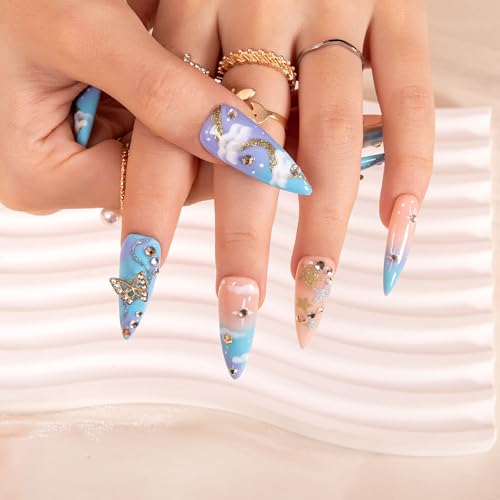 LOVFUL Press on Nails Dreamland | Handmade with Full Covered Crystals | Reusable Full Cover Nails | Stiletto Classic Regular 1.3 in | H350-M