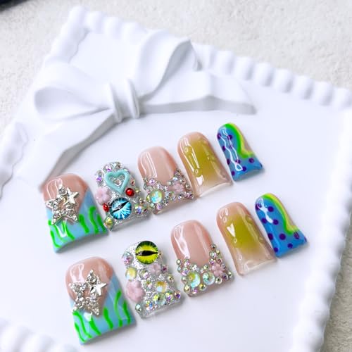 10 Pcs Handmade Duck Press on Nails Short Design 3D Stars Colorful Fake Nails Full Cover Thick French Tip False Nails with Rhinestone Acrylic Reusable Stick on Nails for Women DIY Decoration£¨Size M£©