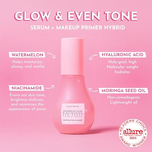 Glow Recipe Watermelon Niacinamide Dew Drops, Korean Niacinamide Serum Drops, Hydrating Face Serum + Primer & Liquid Highlighter, Hyaluronic Acid, Dewy Glow (40ml)