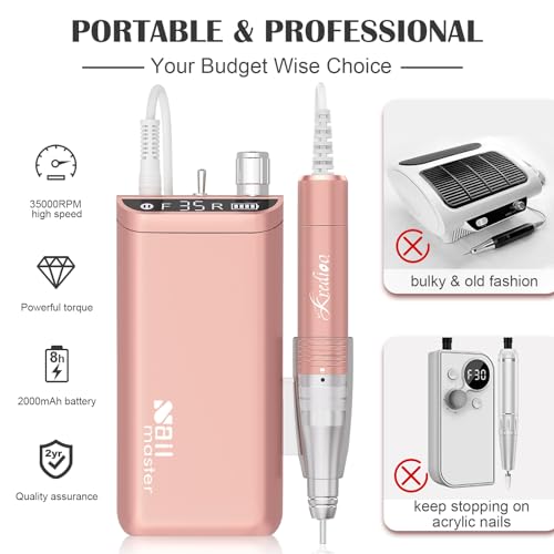 Kredioo Nail Drill, Nail Drills for Professional Acrylic Nails 35000RPM Electric File Machine Rechargeable Portable with 10 Bits Remove Gel Polish Salon Quality Manicure-Gold