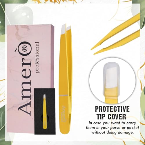 Professional Stainless Steel Eyebrow Tweezers for Women & Men ? Precision Slant Tip Hair Removal Tool for Eyebrows, Facial Hair & Ingrown Hairs ? Durable, Non-Slip Grip (Yellow)