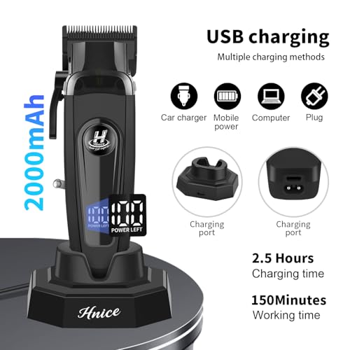 Professional Hair Clippers for Men 11500 RPM Barber Clippers Cordless with LED Display, 2000mAh Battery 150 Mins Runtime, DLC Blade, Charging Base & 8 Guide Combs Haircut Kit,HN-280