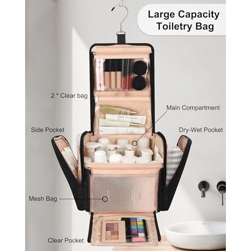 Travel Toiletry Bag for Women, Hanging Toiletry Bag Standing Toiletry Organizer with Hook Large Makeup Cosmetic Bag Portable Hanging Toiletry Organizer Bags for Full-Size Toiletries, Accessories